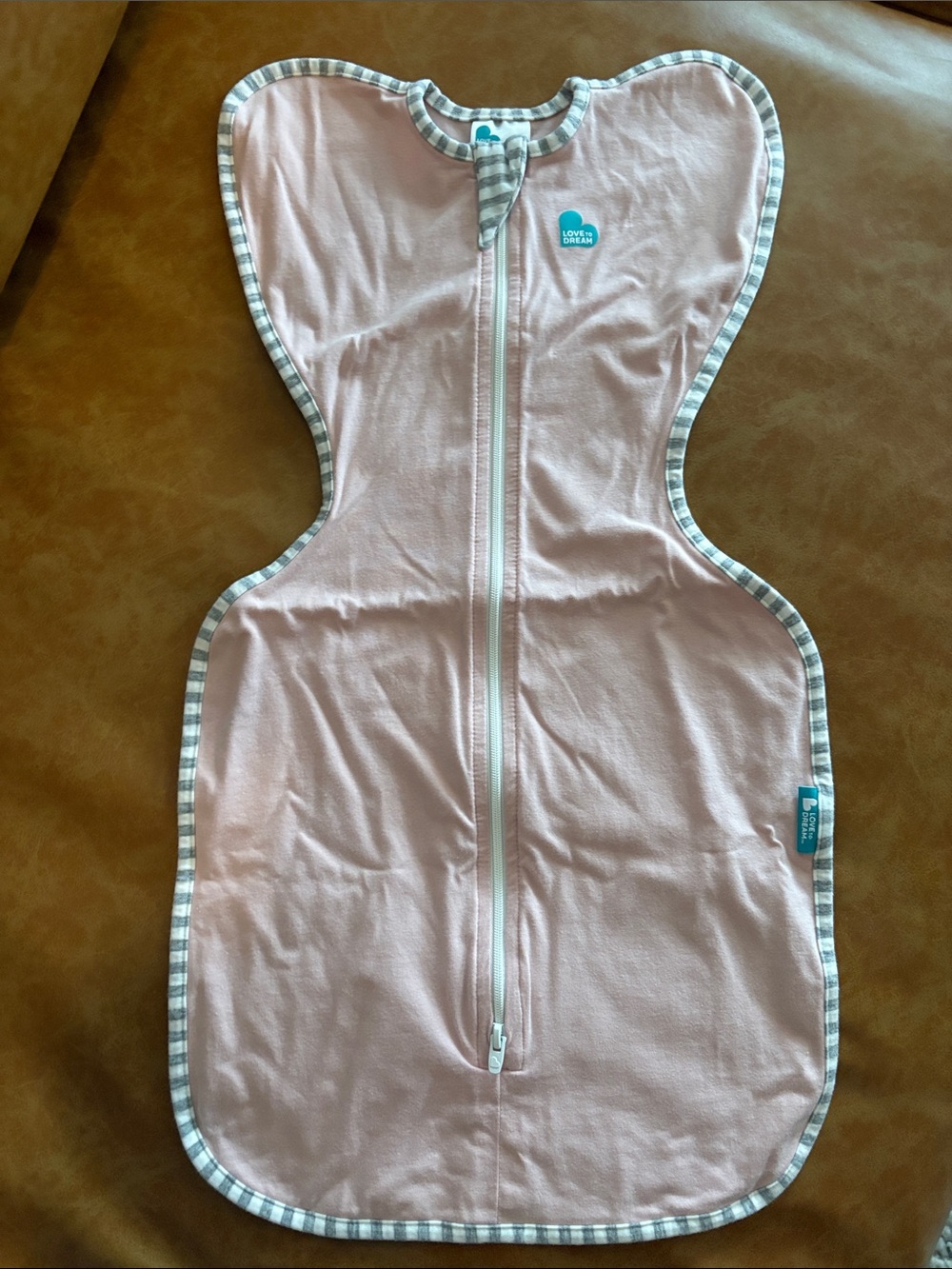 Love to dream Pink Swaddle Sleep Sack with Gray-Striped Trim - 1.0 TOG - Size Sm